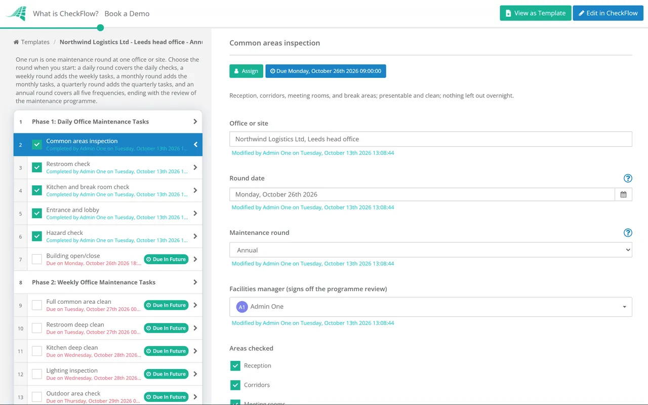 Live demo of the Office Maintenance Schedule Checklist in CheckFlow