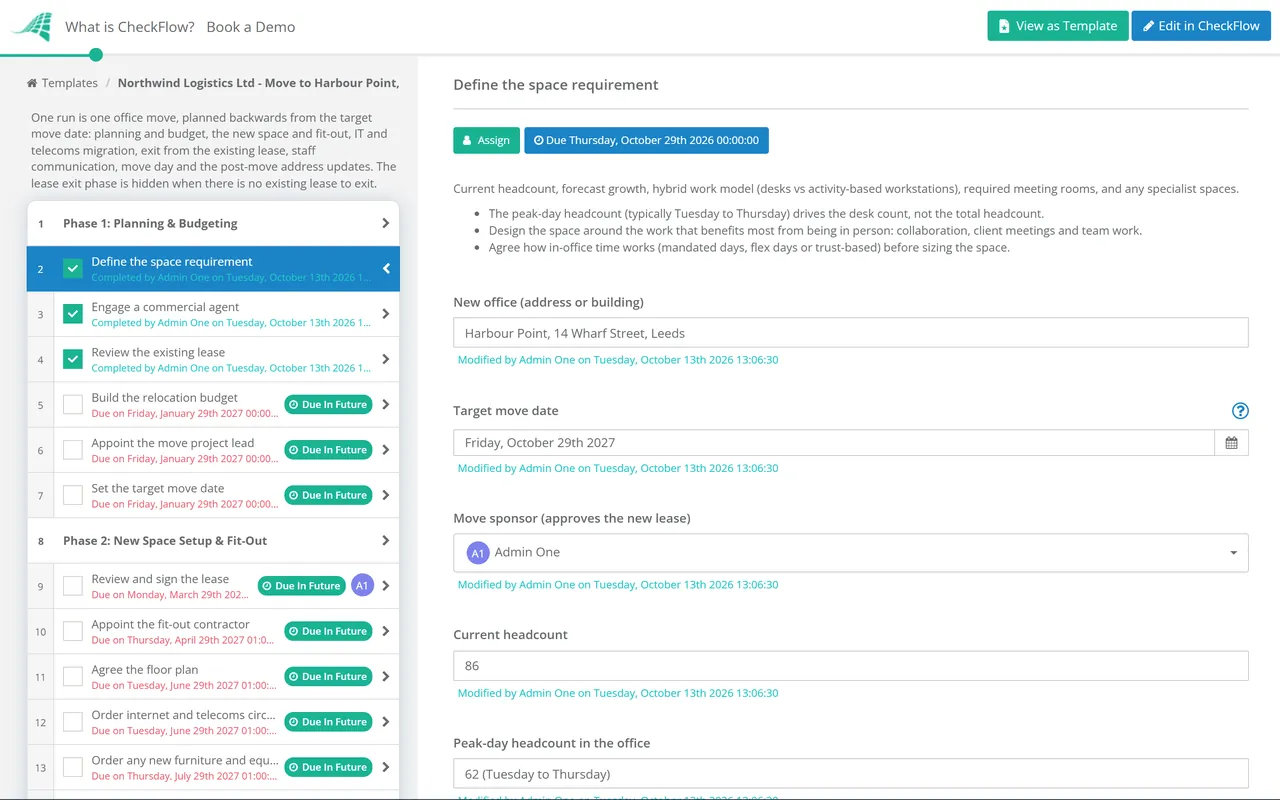 Live demo of the Office Relocation Checklist in CheckFlow