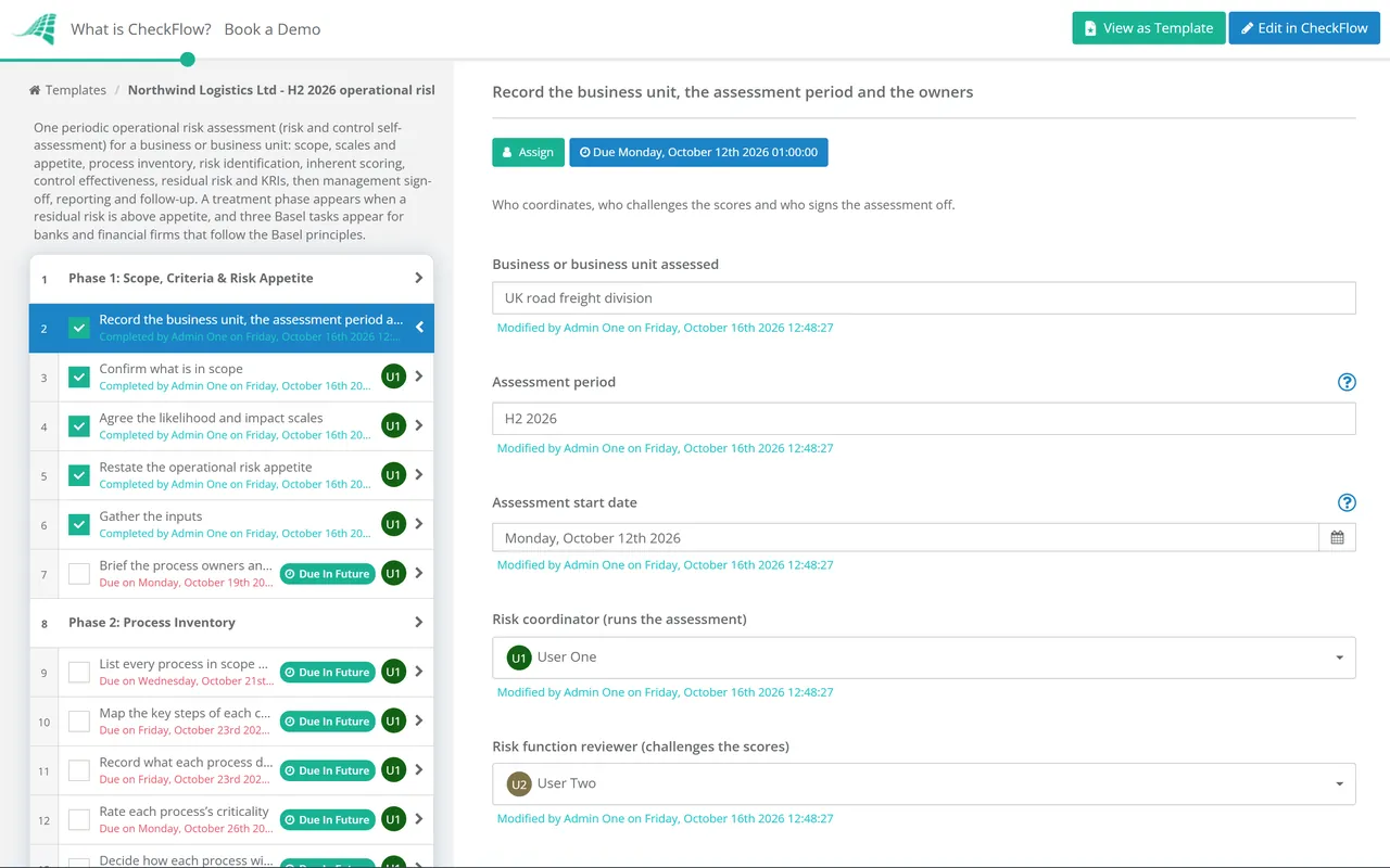 Live demo of the Operational Risk Assessment Checklist in CheckFlow
