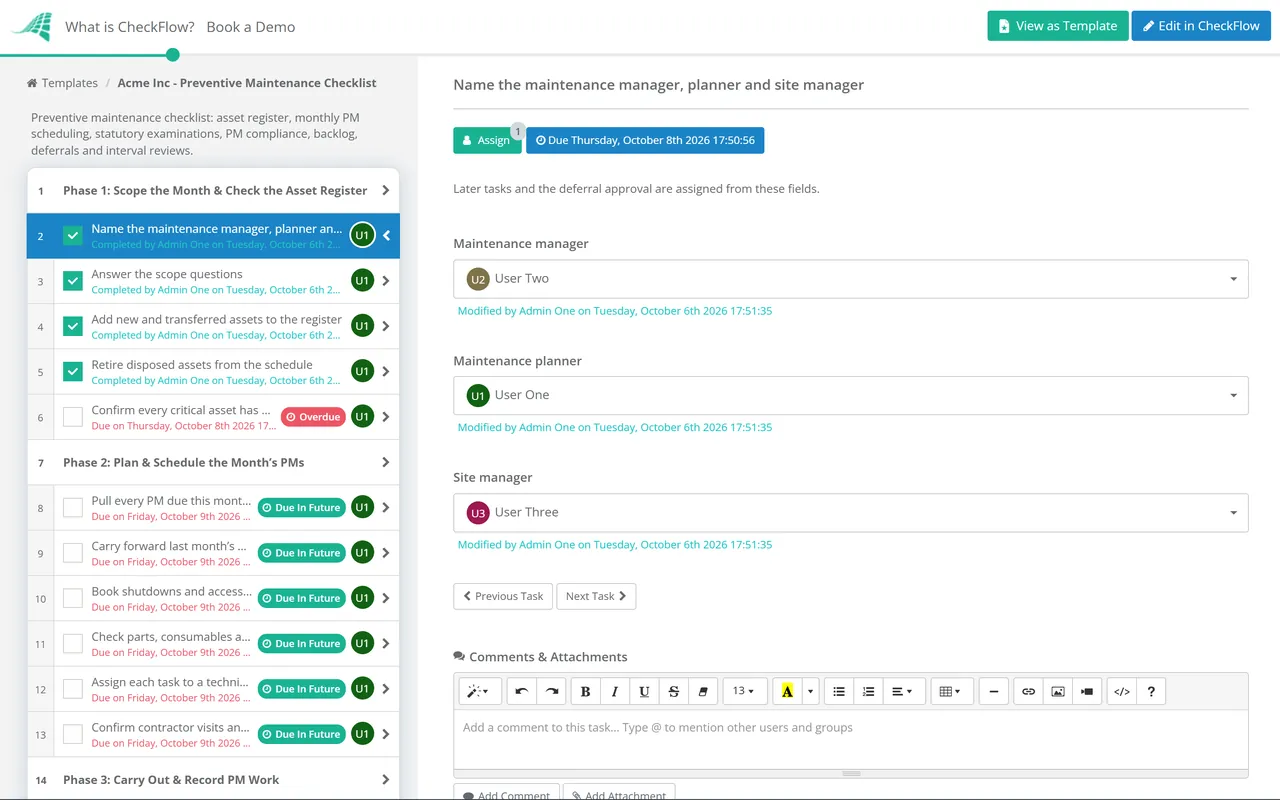 Live demo of the Preventive Maintenance Checklist in CheckFlow