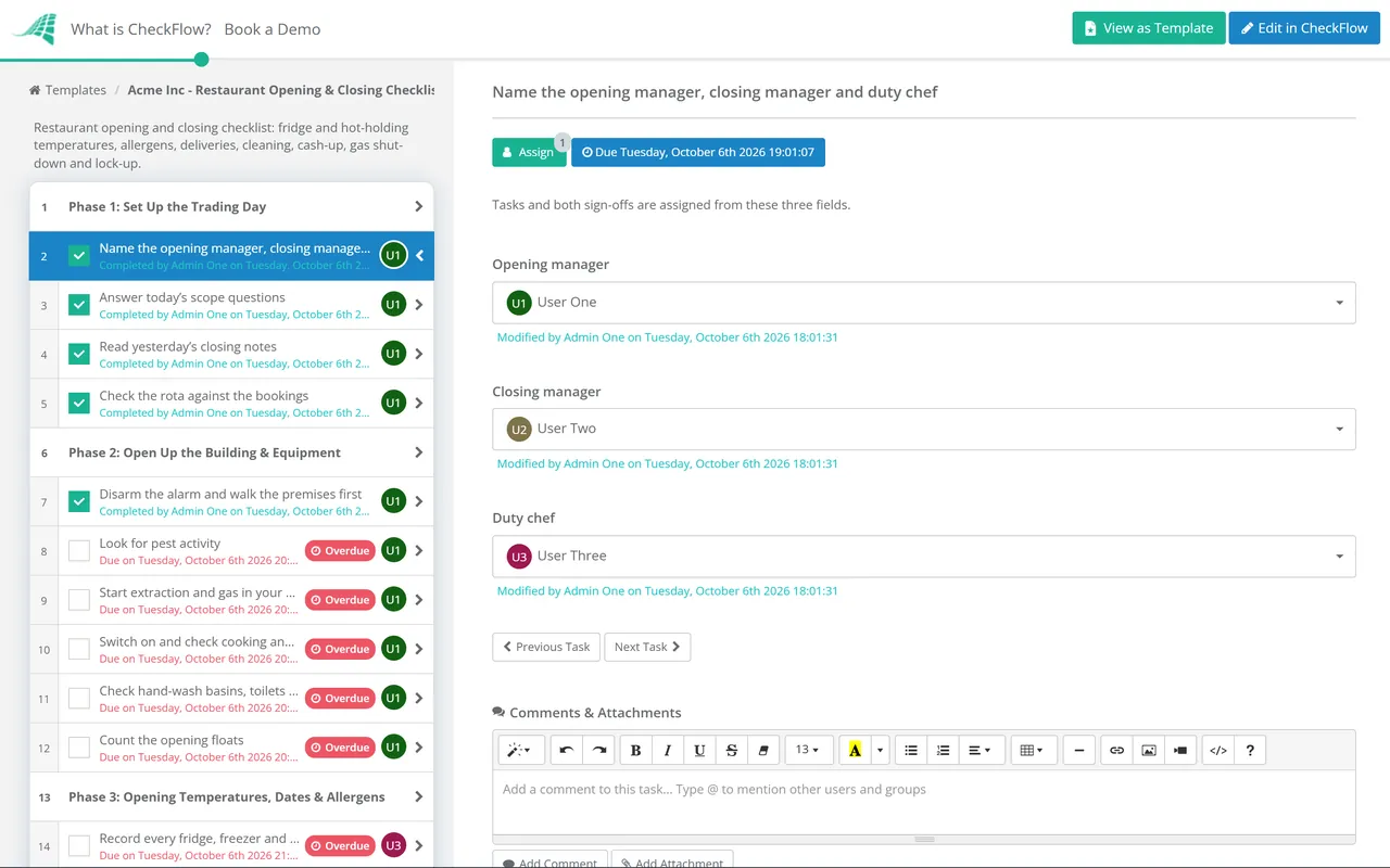 Live demo of the Restaurant Opening & Closing Checklist in CheckFlow