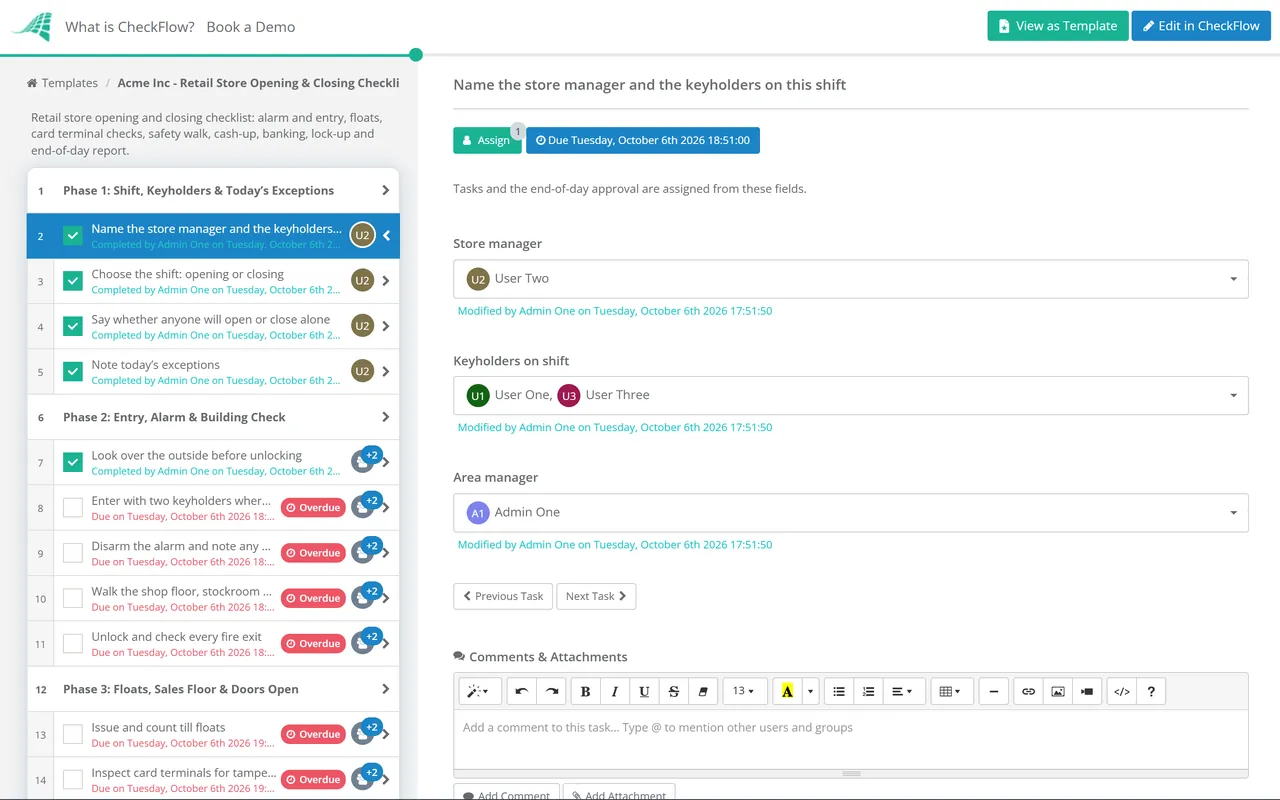 Live demo of the Retail Store Opening & Closing Checklist in CheckFlow