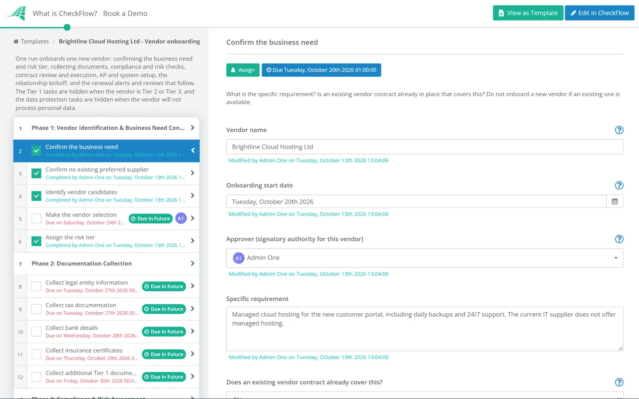 Live demo of the Vendor Onboarding Process Checklist in CheckFlow