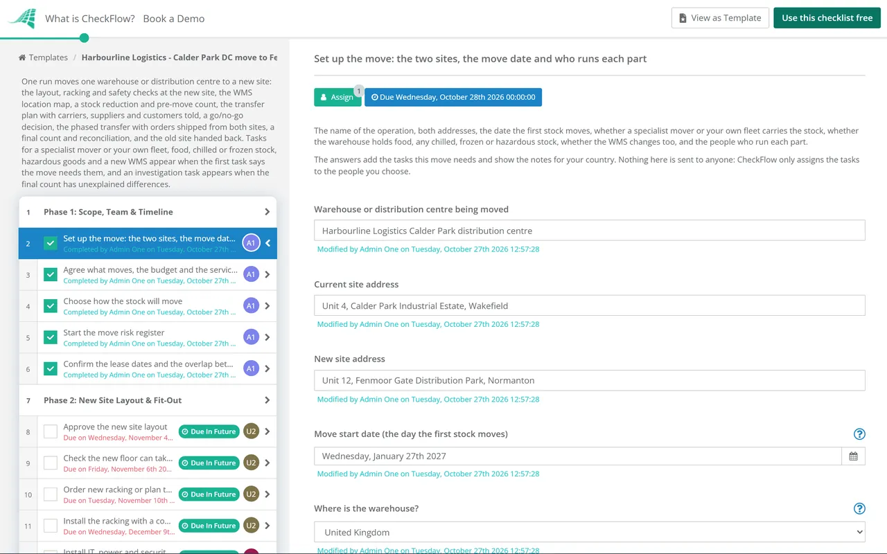 Live demo of the Warehouse Relocation Checklist in CheckFlow