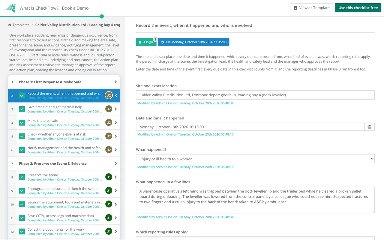 Live demo of the Workplace Accident Investigation Checklist in CheckFlow