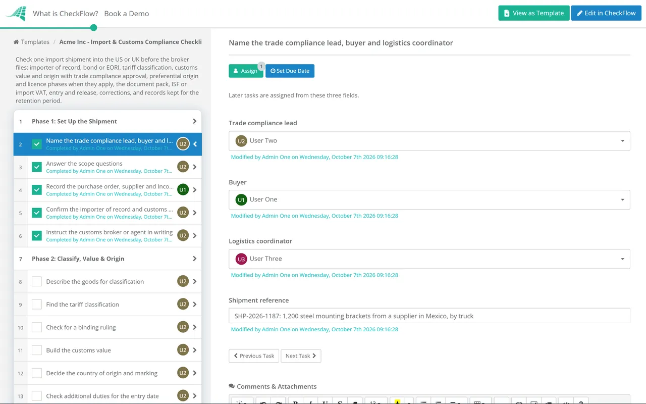 Live demo of the Import & Customs Compliance Checklist in CheckFlow