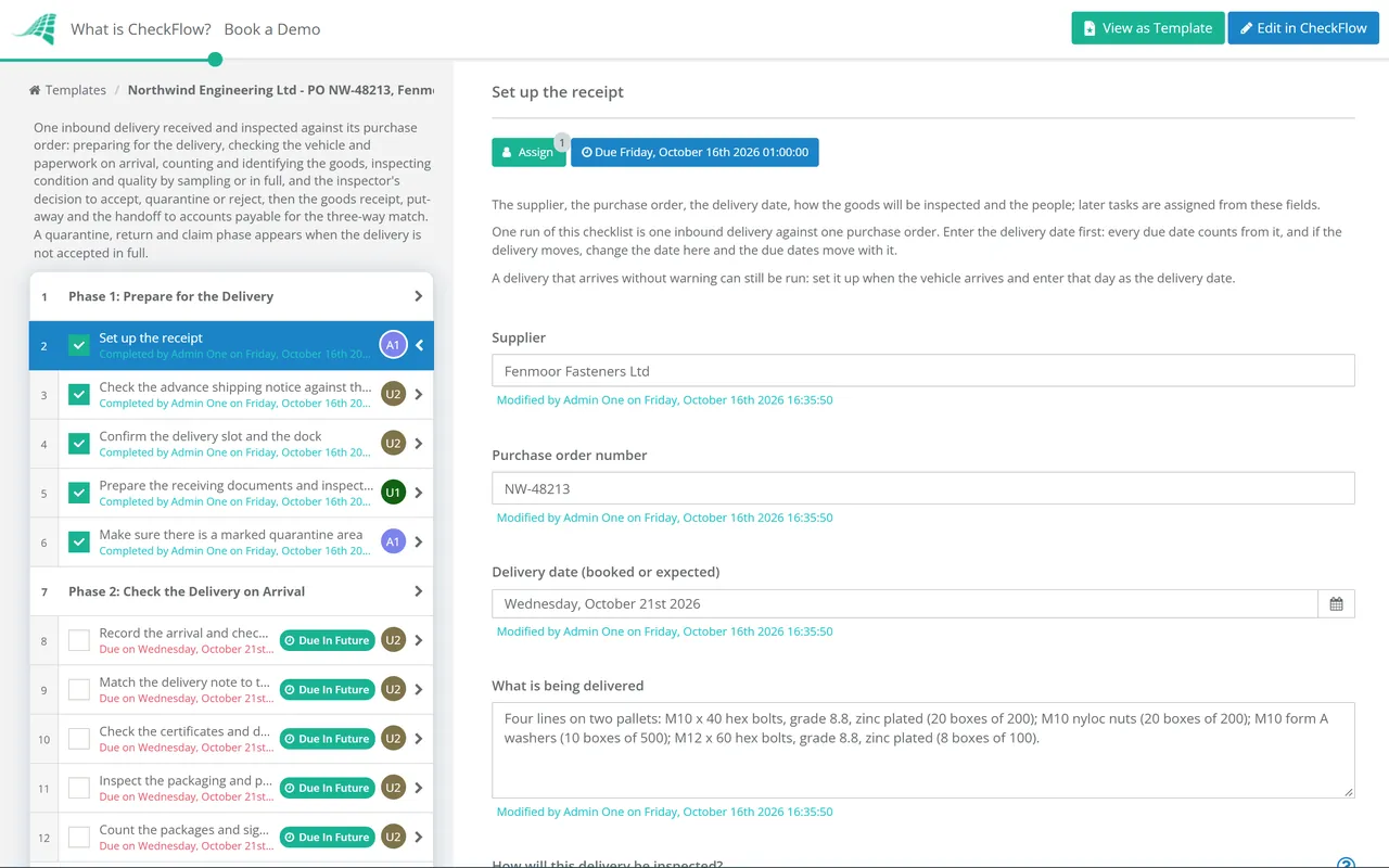 Live demo of the Goods Receiving & Inspection Checklist in CheckFlow