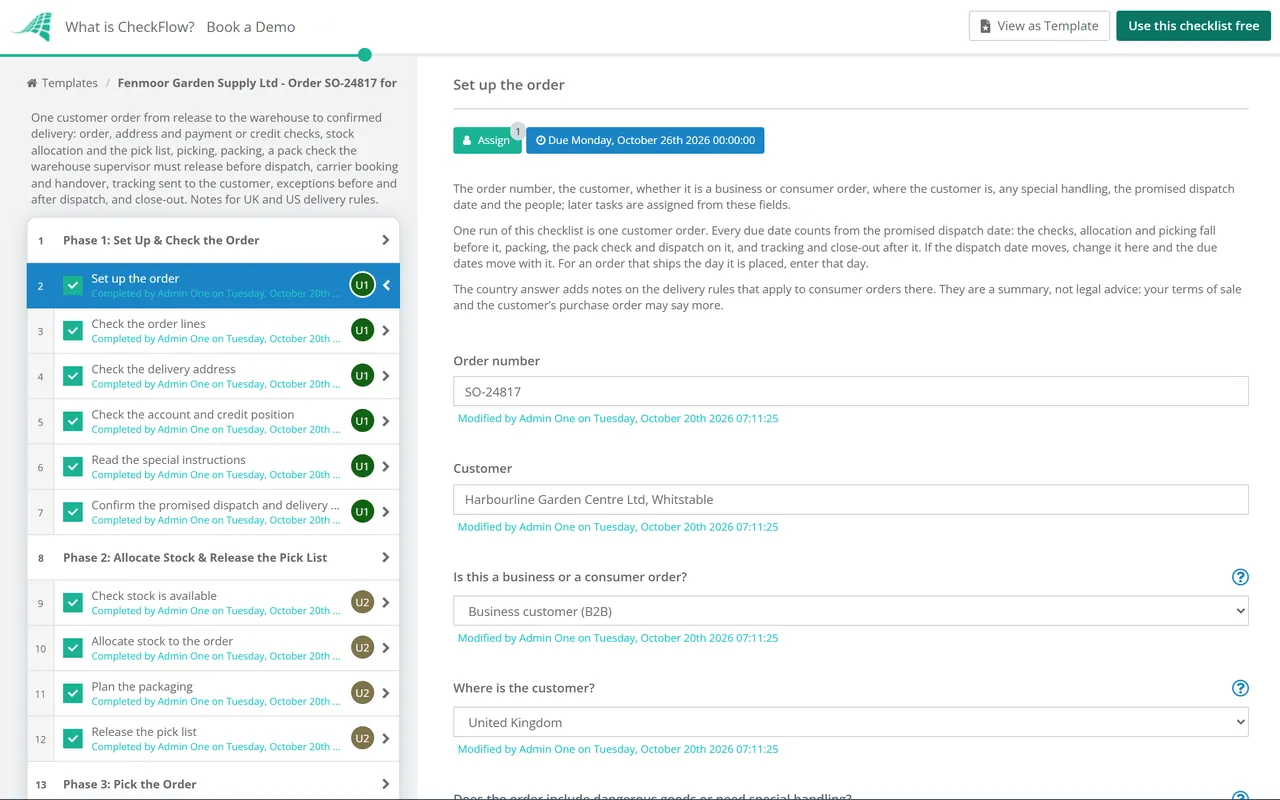 Live demo of the Order Fulfillment Checklist in CheckFlow