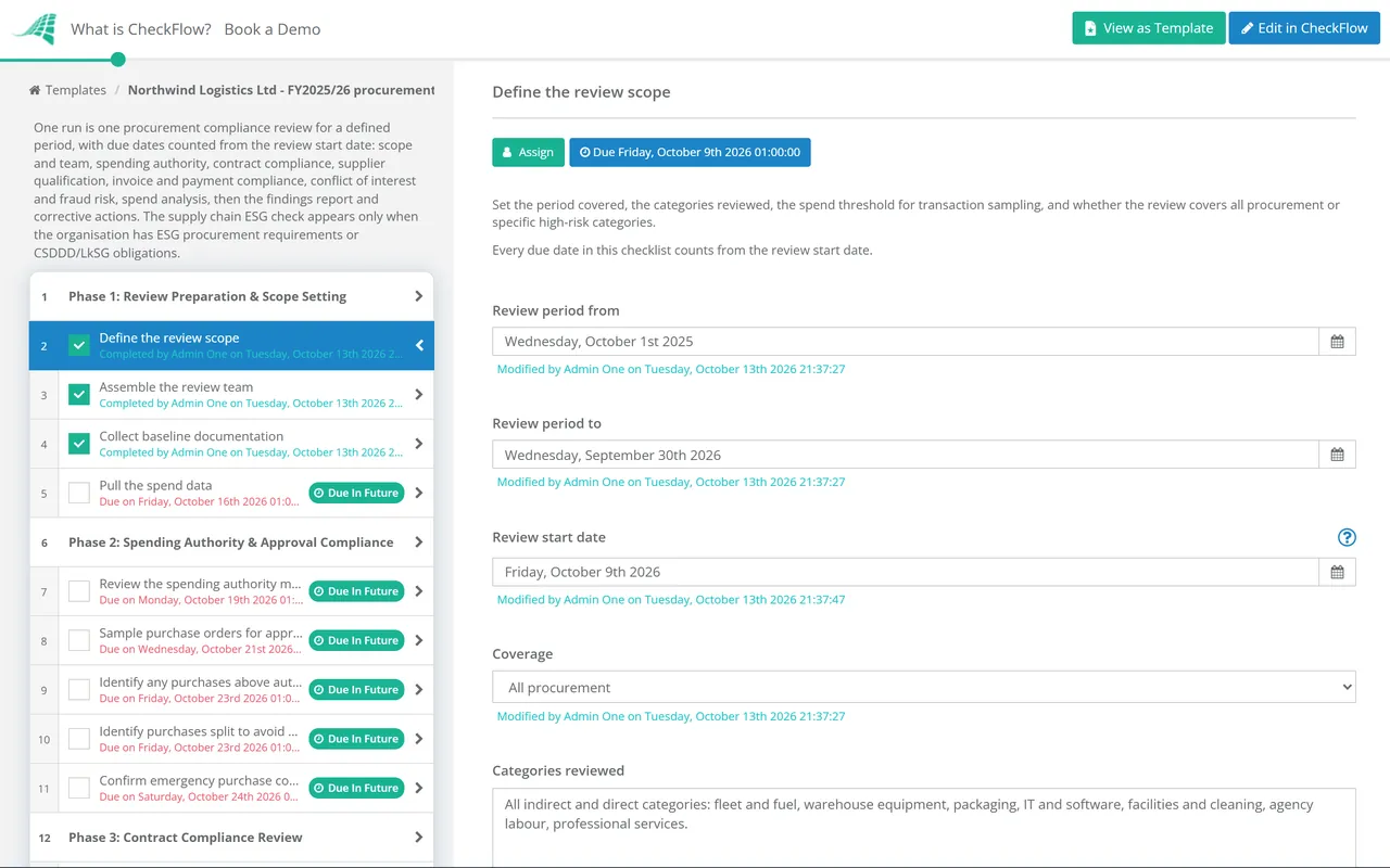 Live demo of the Procurement Compliance Review Checklist in CheckFlow