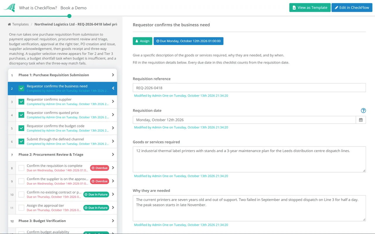 Live demo of the Purchase Order Approval Checklist in CheckFlow