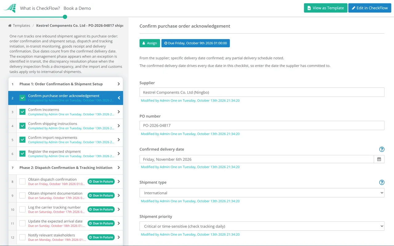 Live demo of the Shipment Tracking Workflow Checklist in CheckFlow