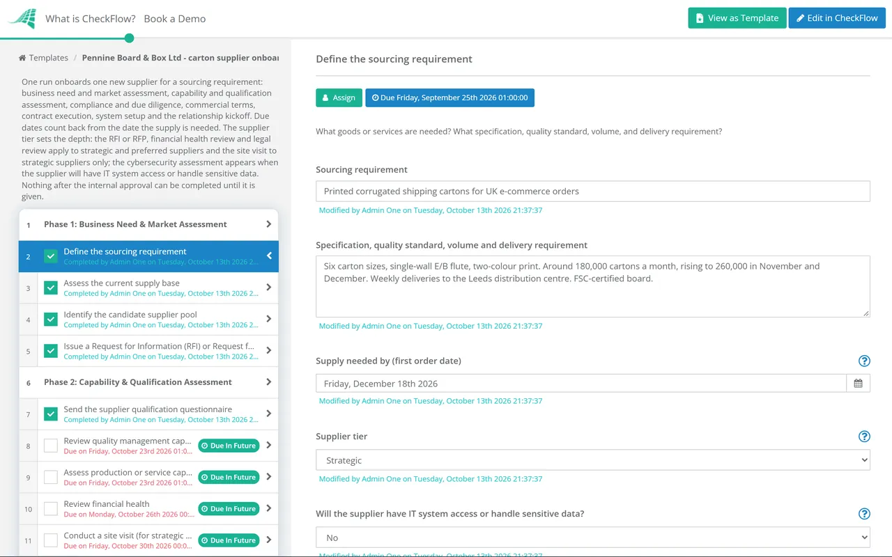 Live demo of the Supplier Onboarding Checklist in CheckFlow