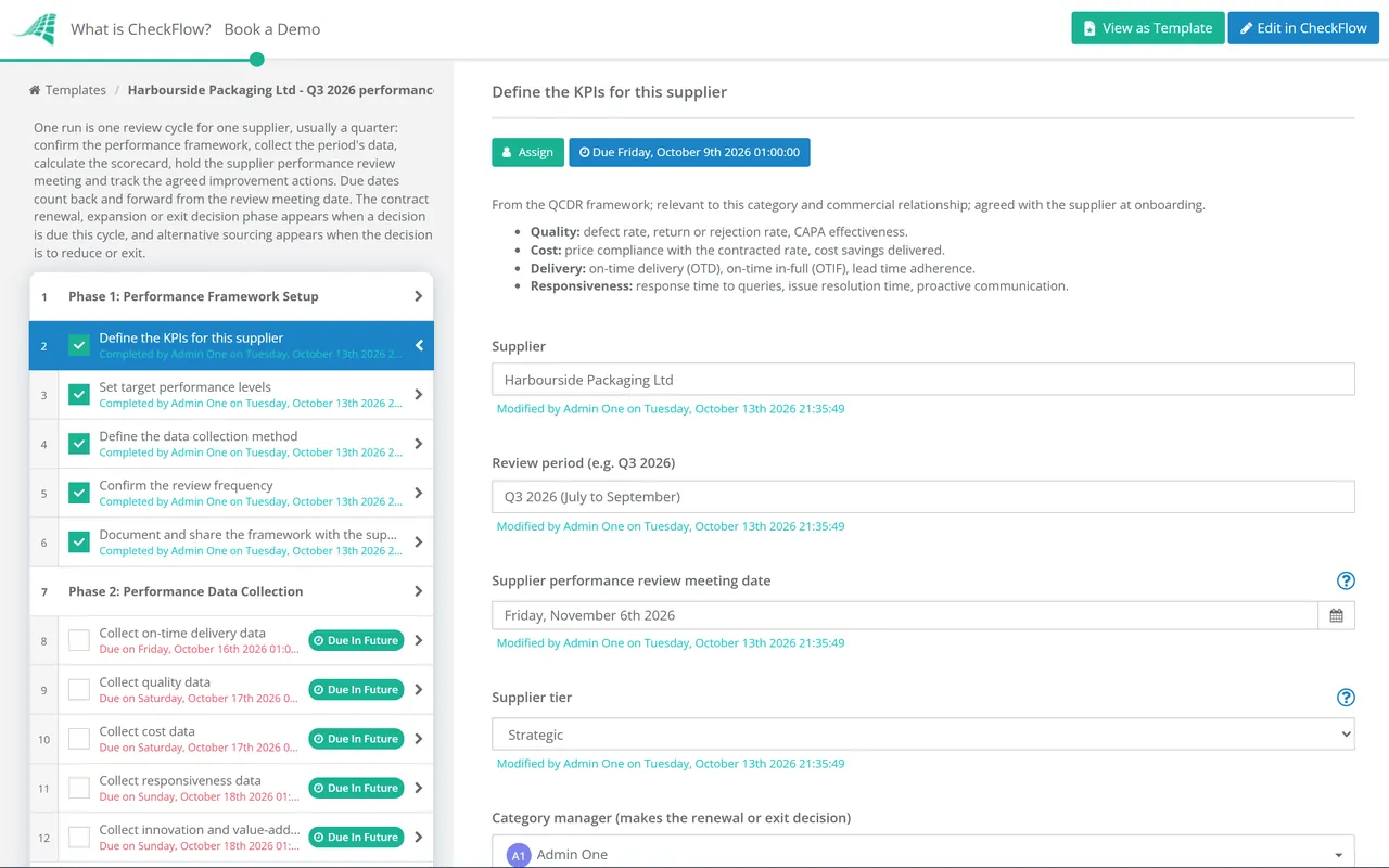 Live demo of the Supplier Performance Evaluation Checklist in CheckFlow