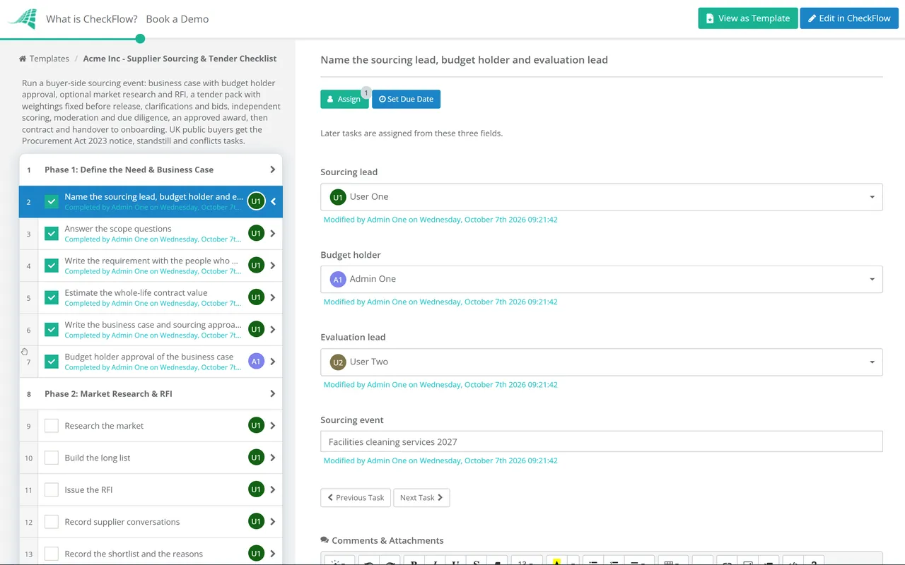 Live demo of the Supplier Sourcing & Tender Checklist in CheckFlow