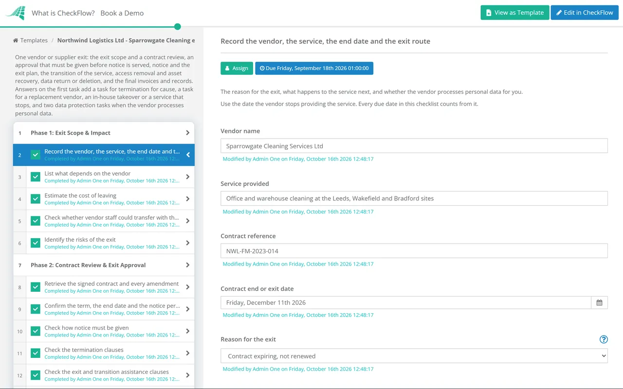 Live demo of the Vendor Offboarding Checklist in CheckFlow
