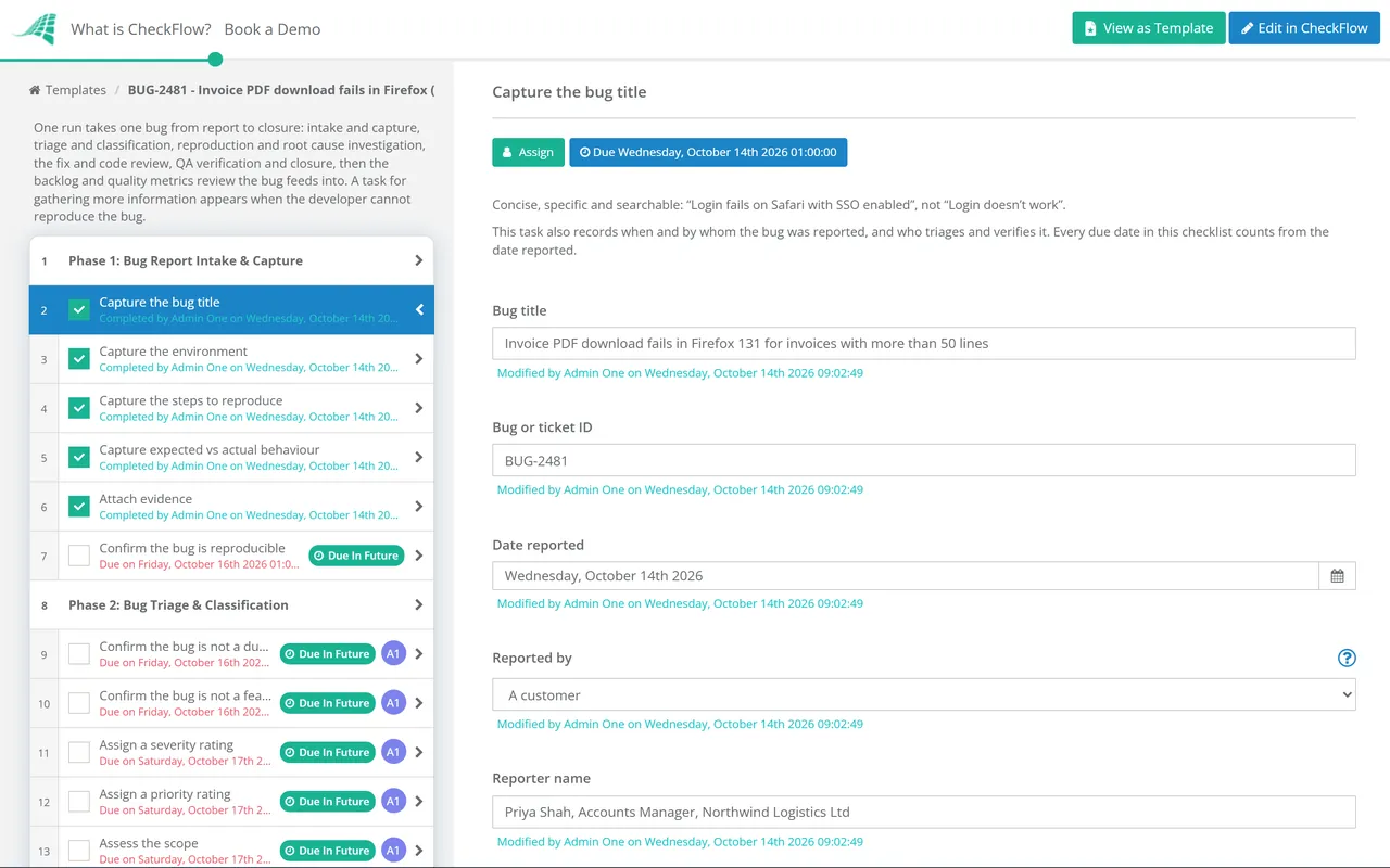Live demo of the Bug Tracking & Resolution Checklist in CheckFlow