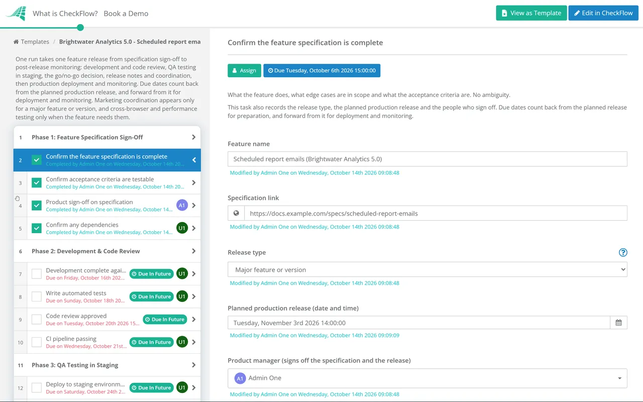 Live demo of the Feature Release Process Checklist in CheckFlow
