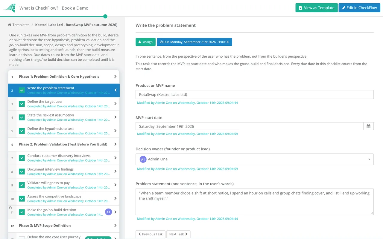 Live demo of the MVP Development Workflow Checklist in CheckFlow