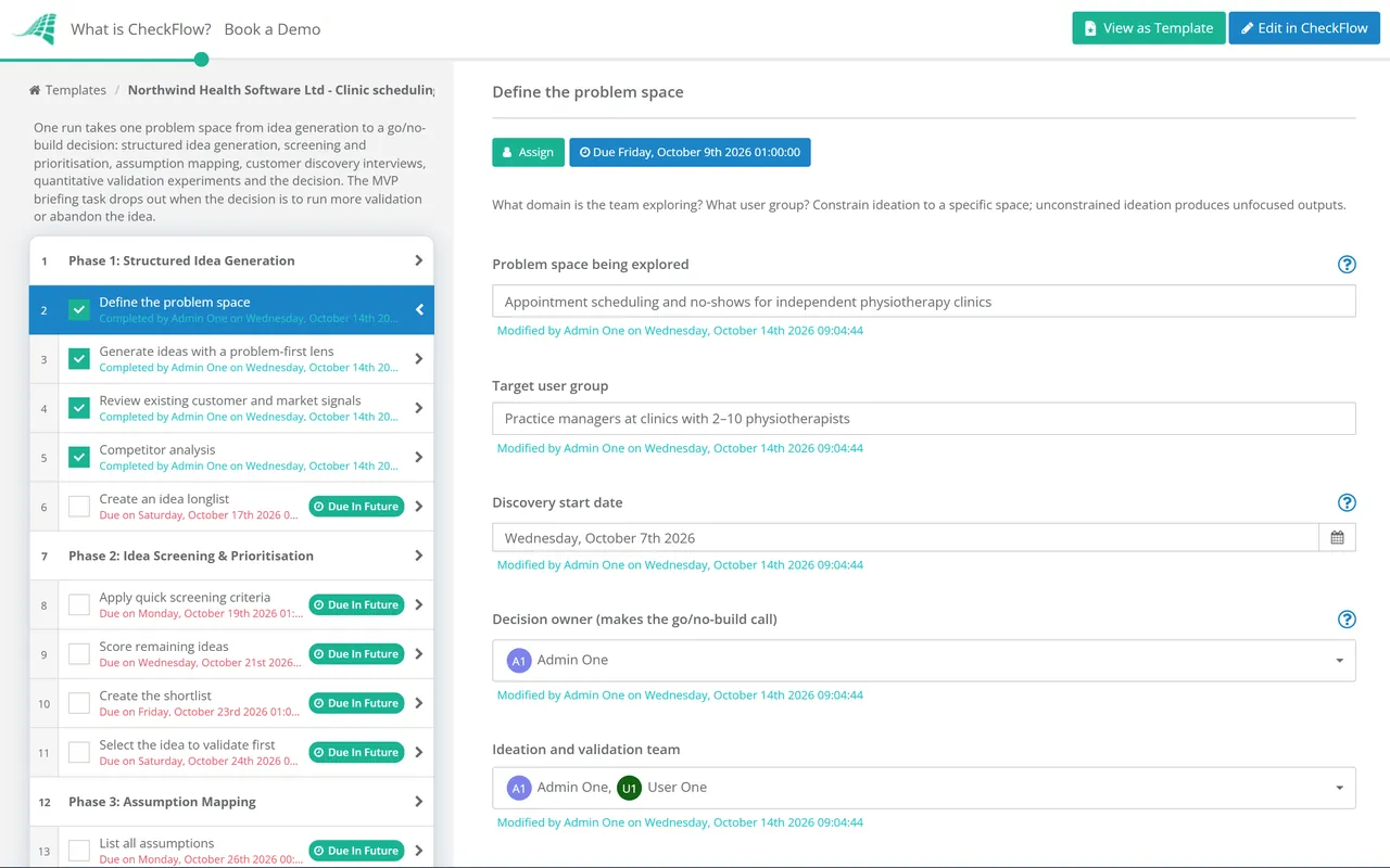 Live demo of the Product Ideation & Validation Checklist in CheckFlow