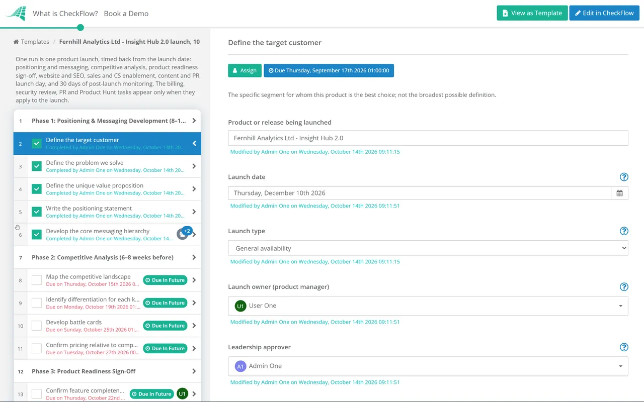 Live demo of the Product Launch Checklist in CheckFlow