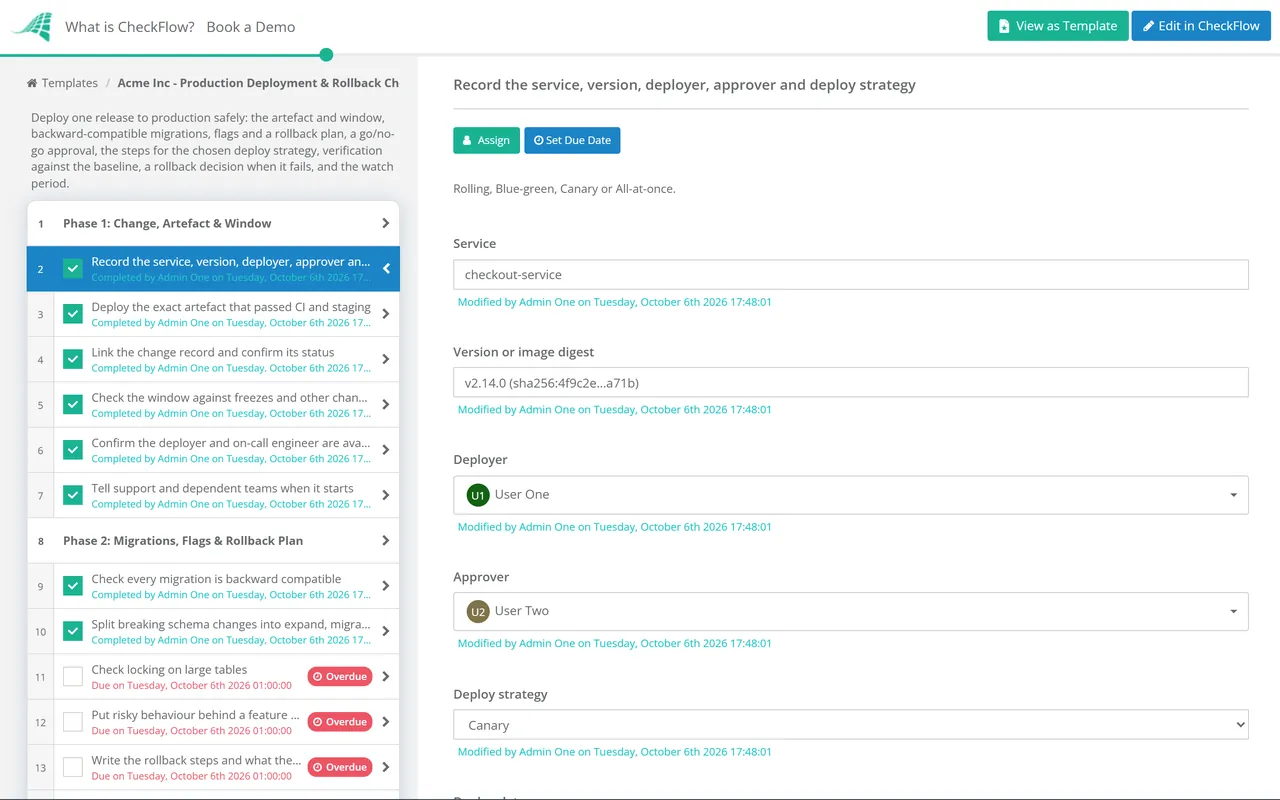 Live demo of the Production Deployment & Rollback Checklist in CheckFlow