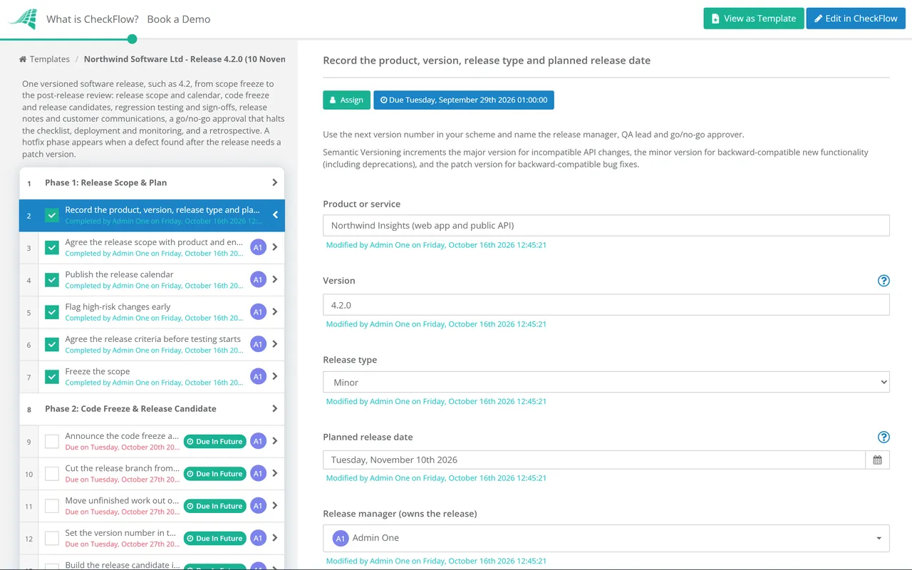 Live demo of the Software Release Management Checklist in CheckFlow