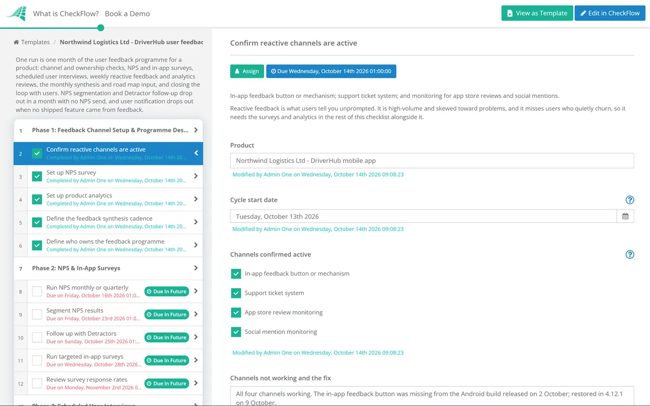 Live demo of the User Feedback Collection Checklist in CheckFlow
