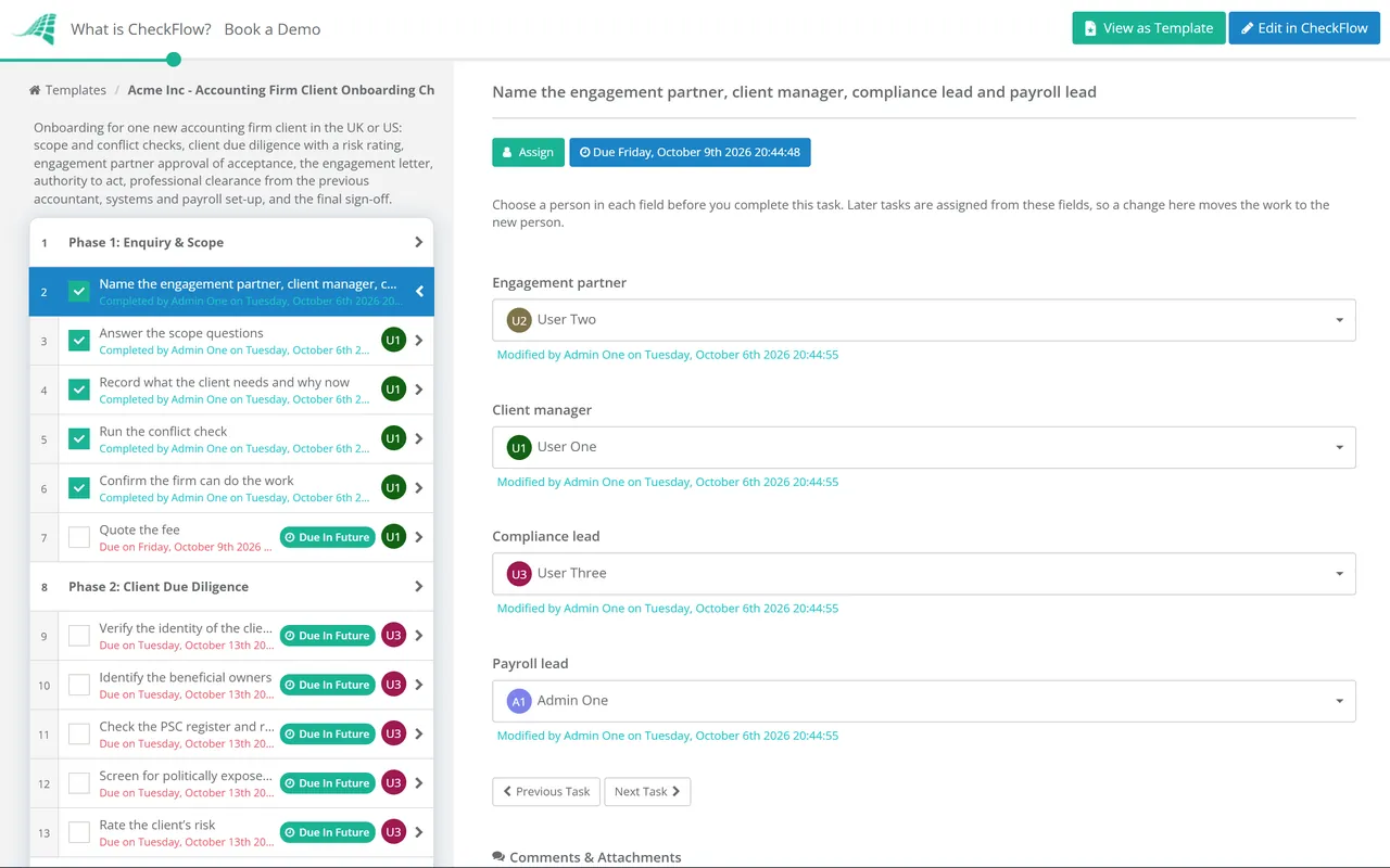 Live demo of the Accounting Firm Client Onboarding Checklist in CheckFlow