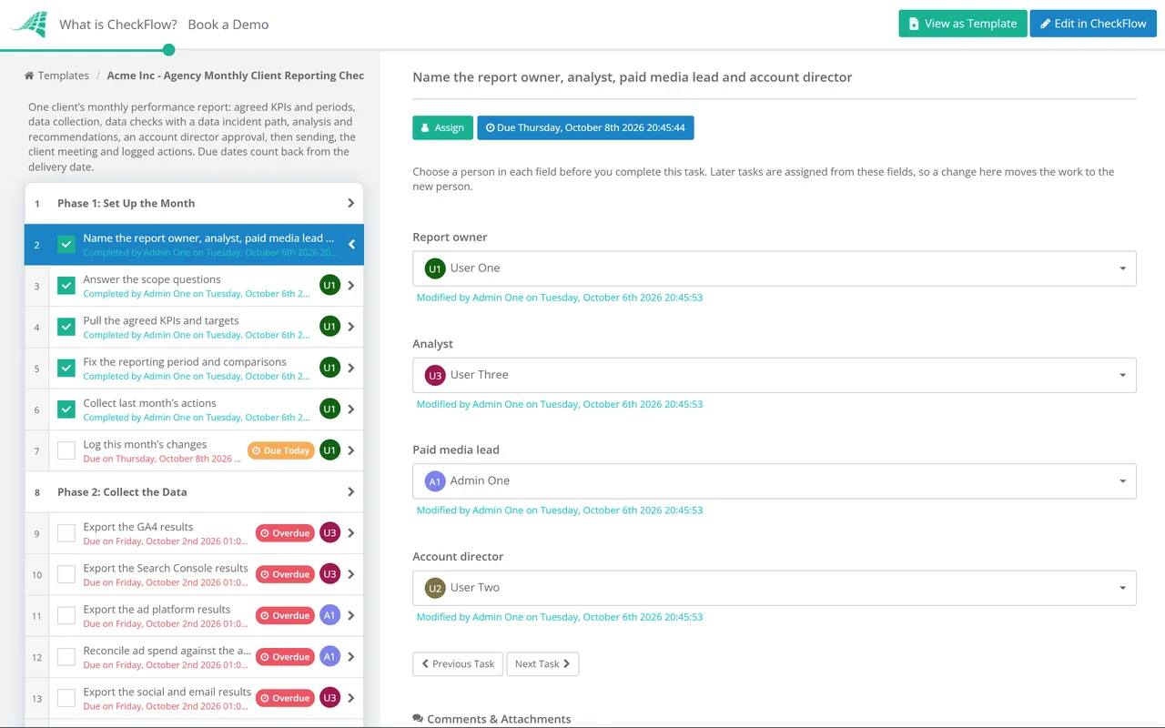 Live demo of the Agency Monthly Client Reporting Checklist in CheckFlow