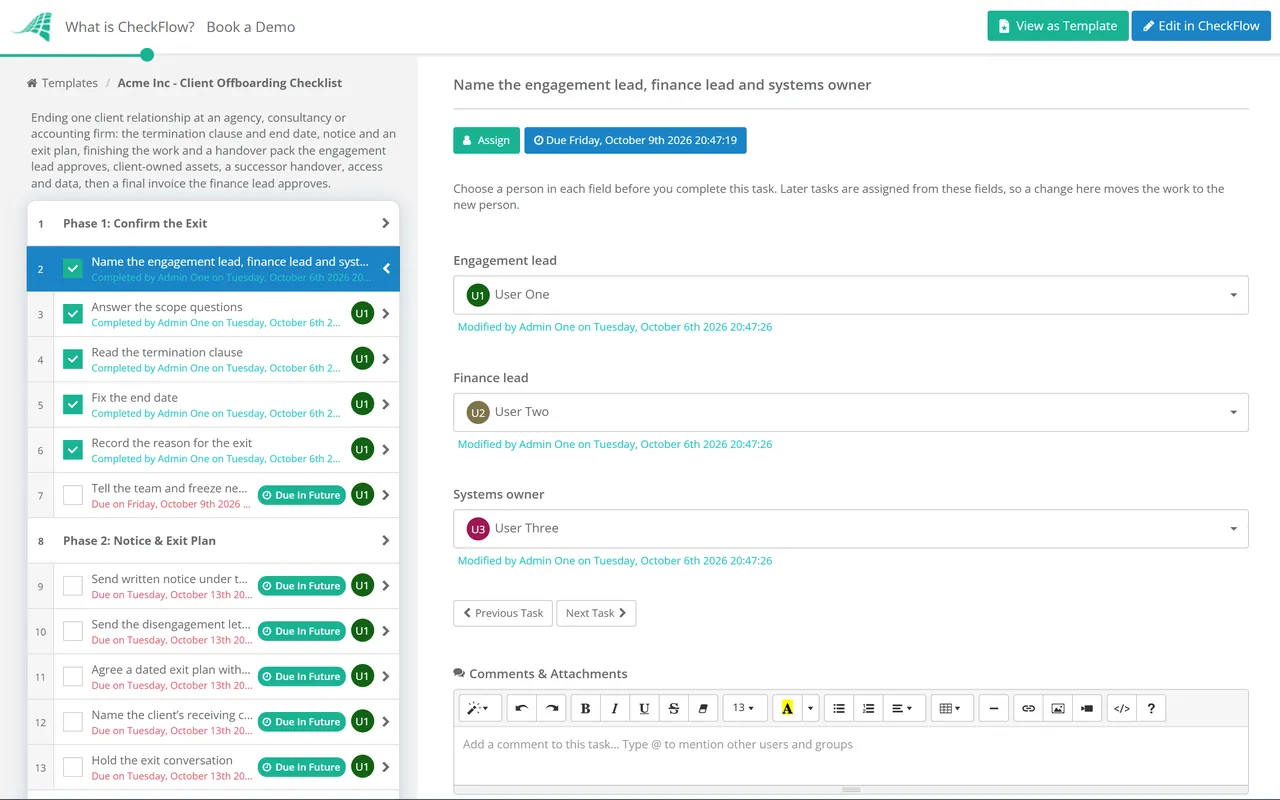 Live demo of the Client Offboarding Checklist in CheckFlow