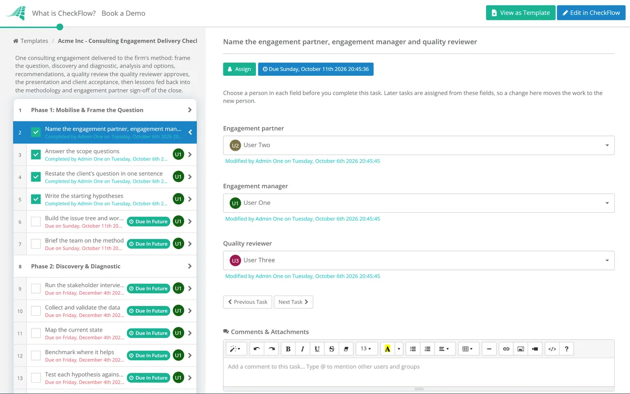 Live demo of the Consulting Engagement Delivery Checklist in CheckFlow