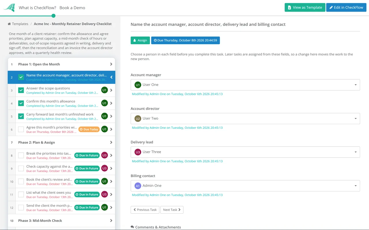 Live demo of the Monthly Retainer Delivery Checklist in CheckFlow