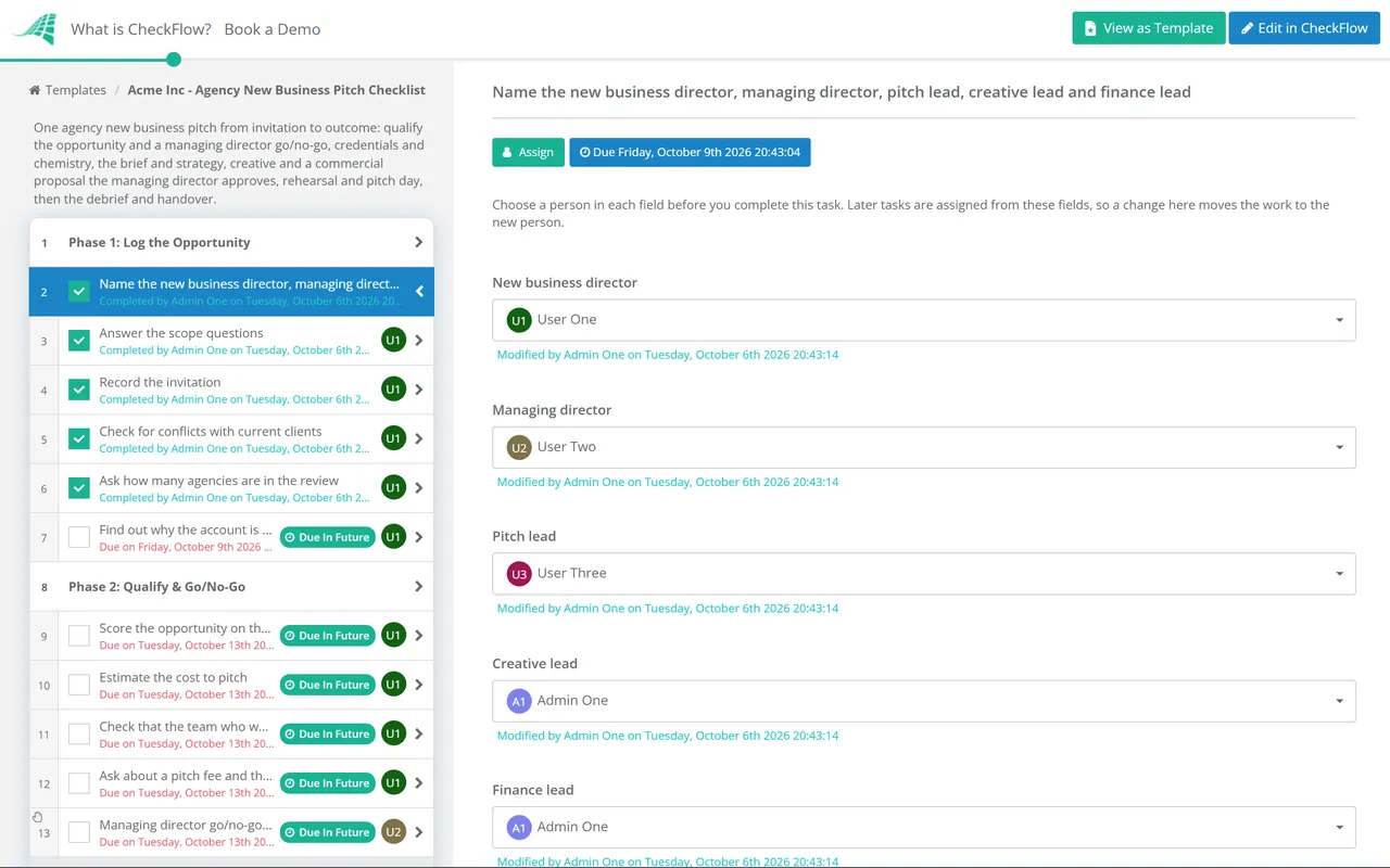 Live demo of the Agency New Business Pitch Checklist in CheckFlow