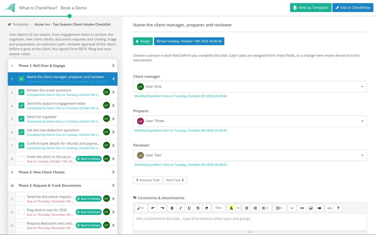 Live demo of the Tax Season Client Intake Checklist in CheckFlow