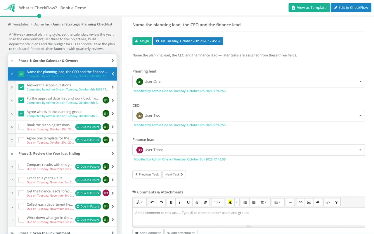 Live demo of the Annual Strategic Planning Checklist in CheckFlow