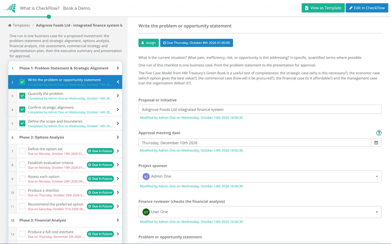 Live demo of the Business Case Checklist in CheckFlow