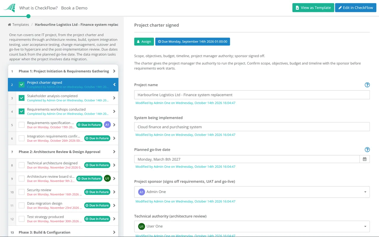Live demo of the IT Project Management Checklist in CheckFlow