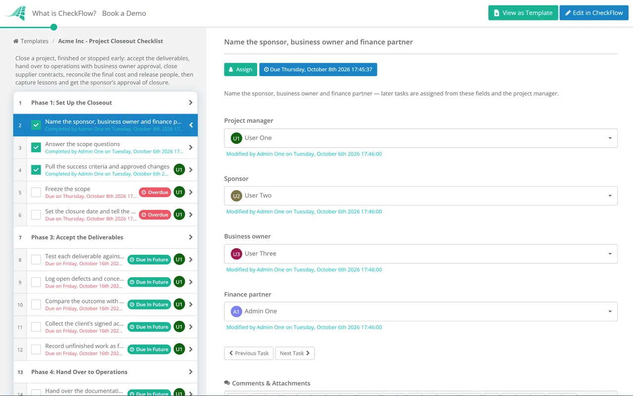 Live demo of the Project Closeout Checklist in CheckFlow