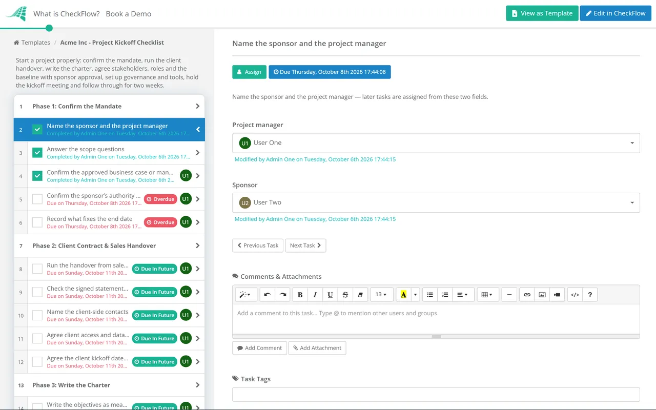 Live demo of the Project Kickoff Checklist in CheckFlow