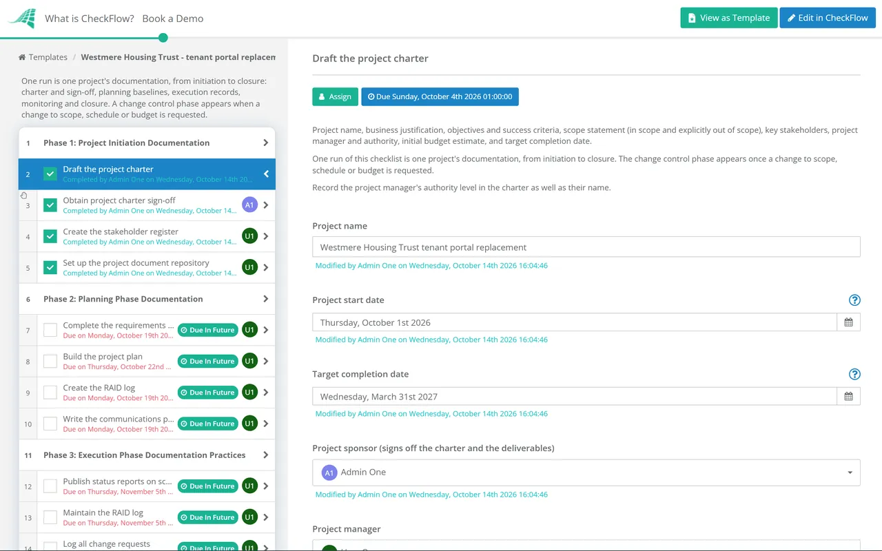 Live demo of the Project Management Documentation Checklist in CheckFlow