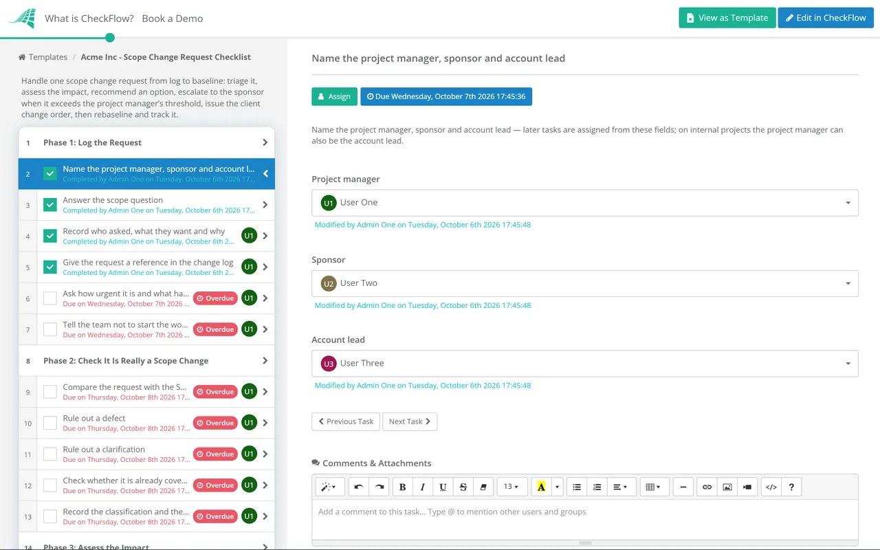 Live demo of the Scope Change Request Checklist in CheckFlow