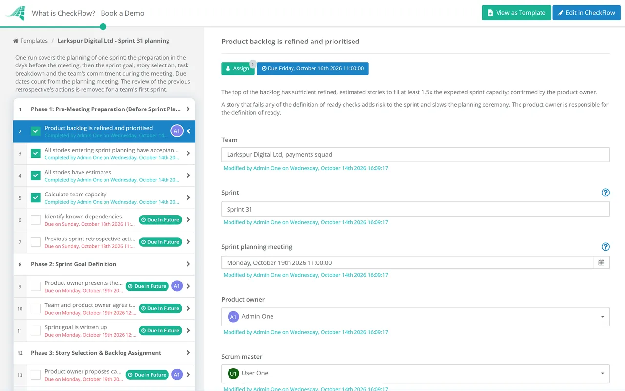 Live demo of the Sprint Planning Checklist in CheckFlow