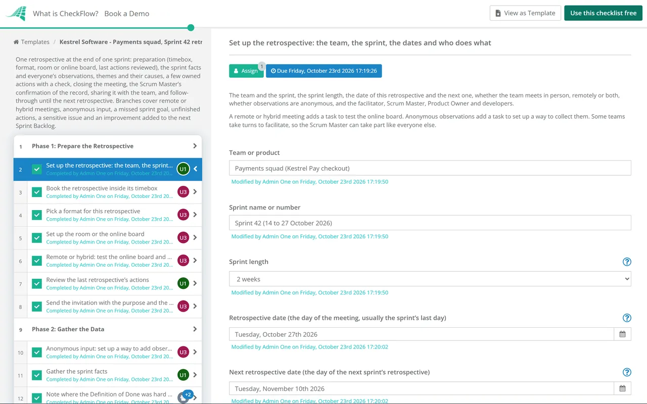 Live demo of the Sprint Retrospective Checklist in CheckFlow