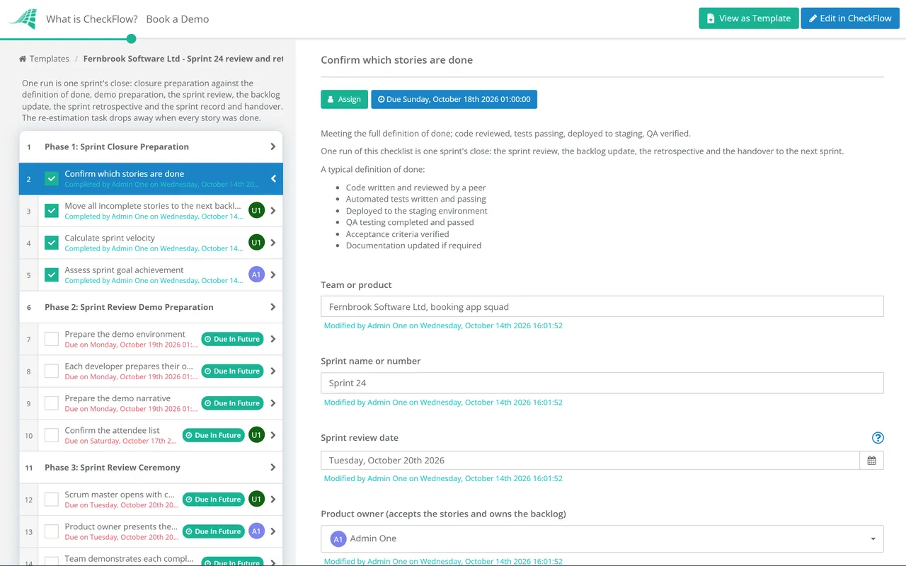 Live demo of the Sprint Review Checklist in CheckFlow