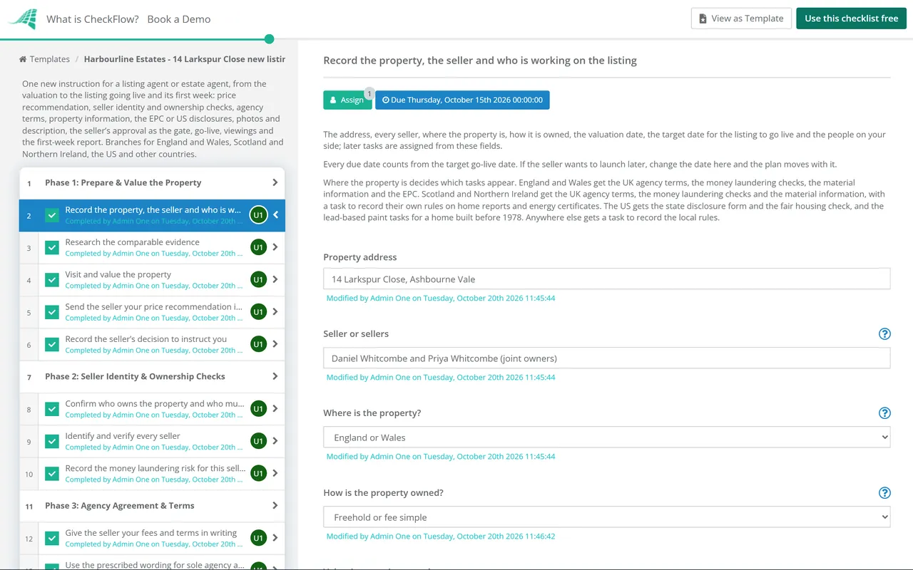 Live demo of the New Listing Checklist (Listing Agent) in CheckFlow