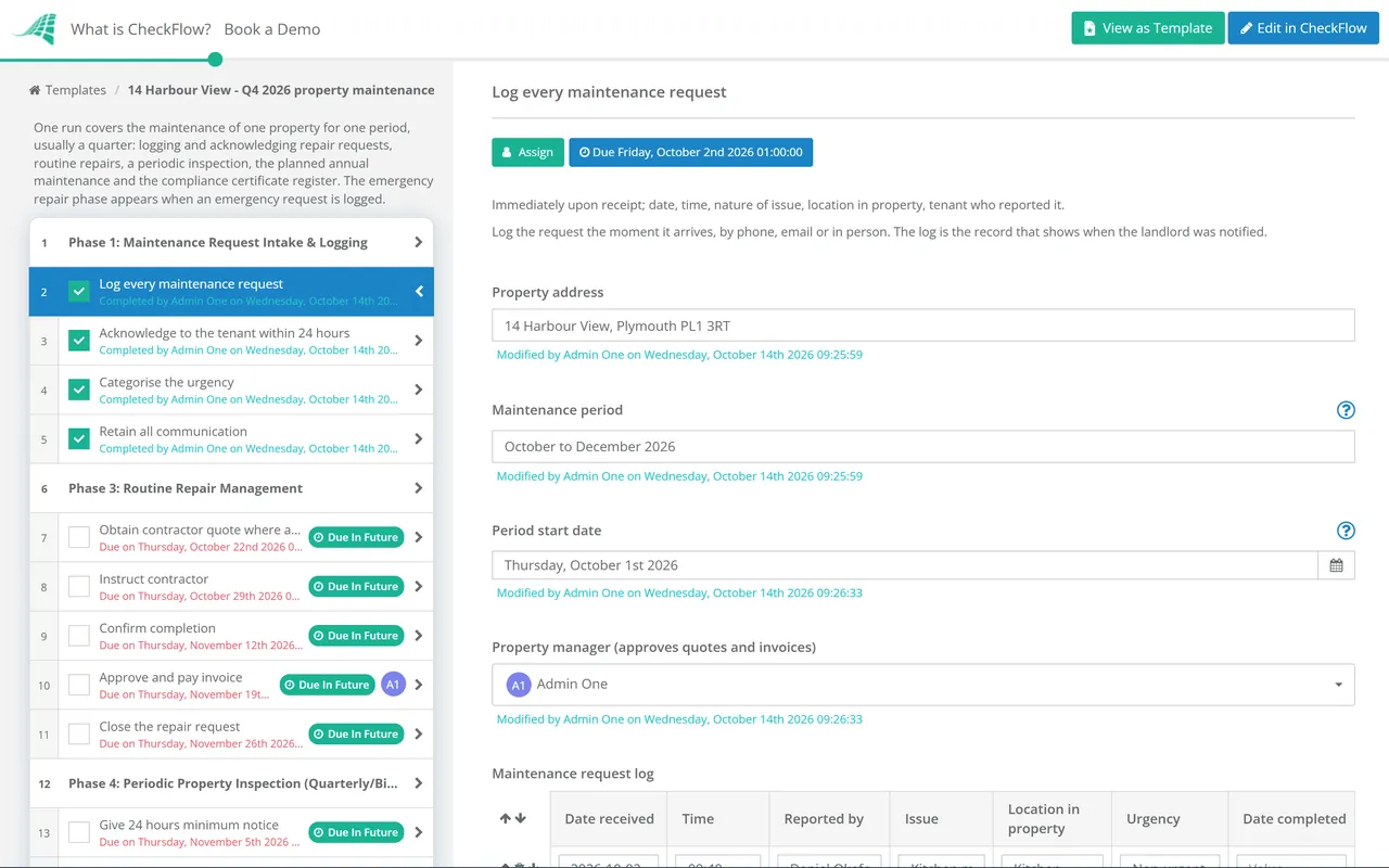 Live demo of the Property Management Maintenance Checklist in CheckFlow