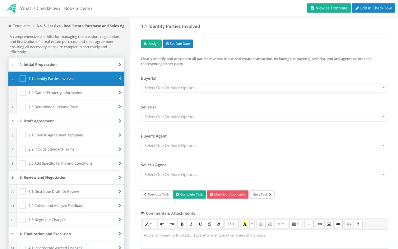 Live demo of the Purchase and Sales Agreement Process Checklist in CheckFlow