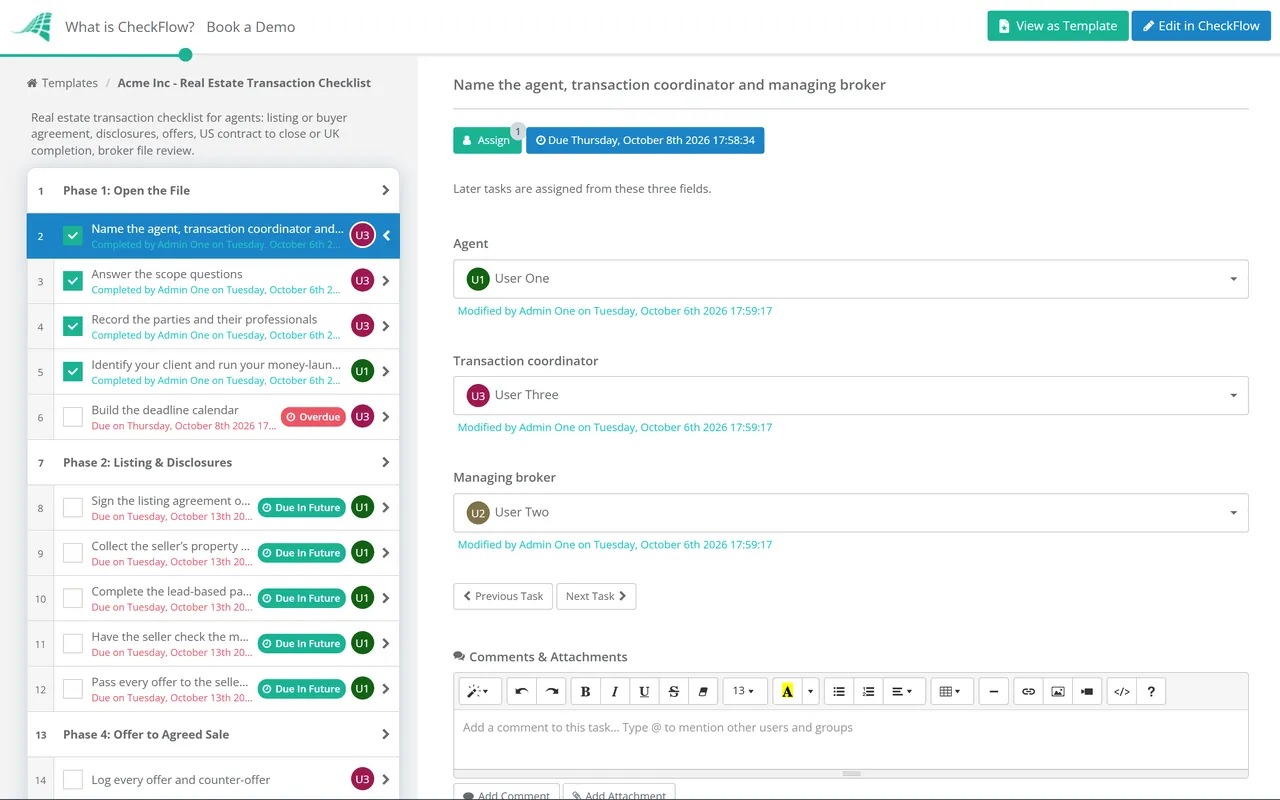 Live demo of the Real Estate Transaction Checklist in CheckFlow