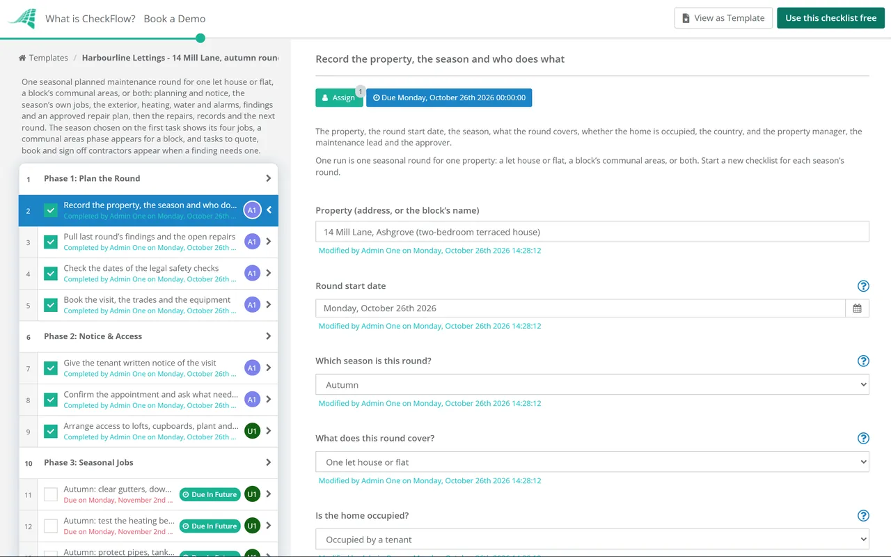 Live demo of the Seasonal Property Maintenance Checklist in CheckFlow
