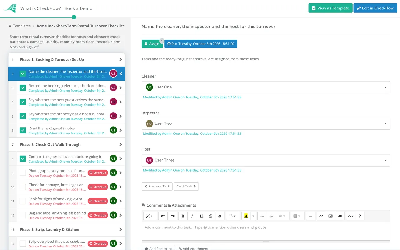 Live demo of the Short-Term Rental Turnover Checklist in CheckFlow